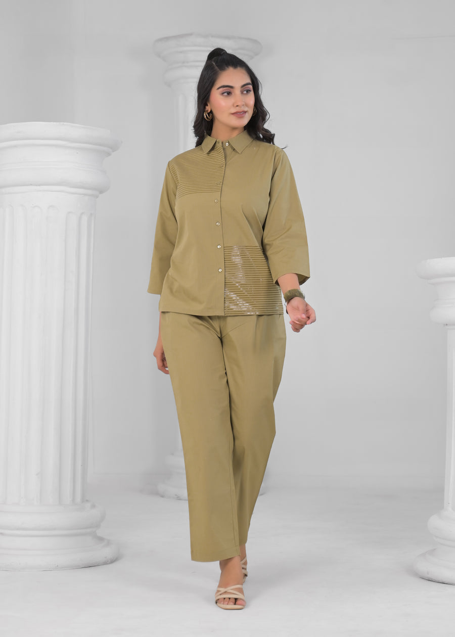 Striped Pure Cotton Shirt Collar Shirt With Trousers Co-Ords Set
