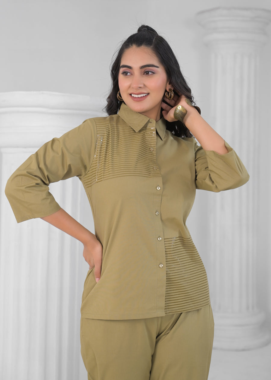 Striped Pure Cotton Shirt Collar Shirt With Trousers Co-Ords Set