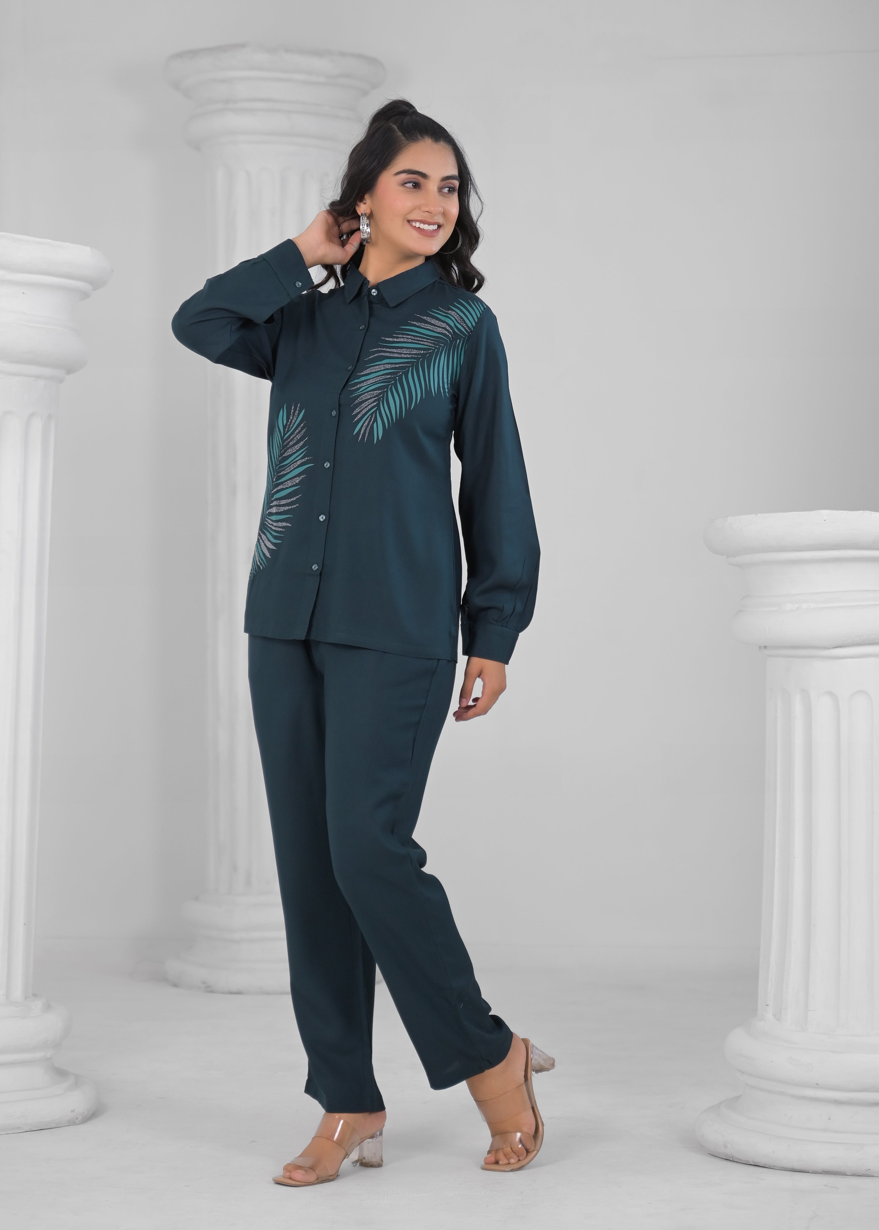 Women Blue Blended Fabric Printed Shirt with Pant