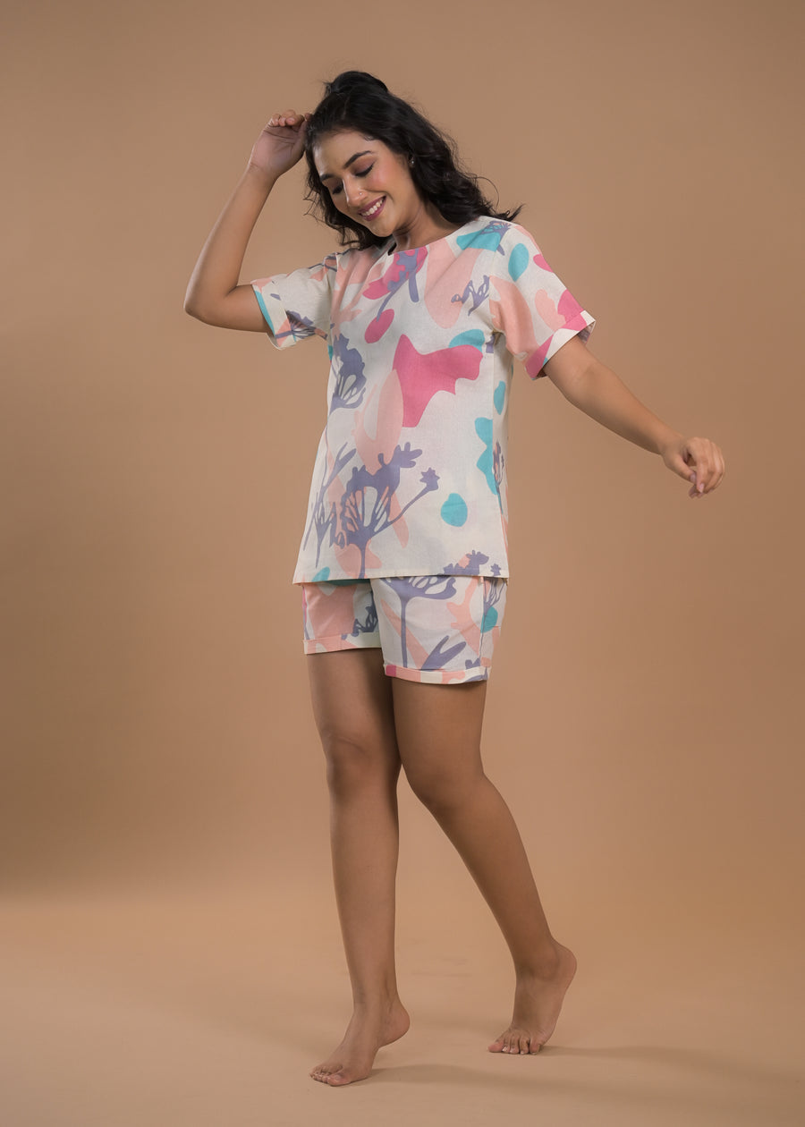 Women Abstract Printed T-Shirt & Shorts Night suit