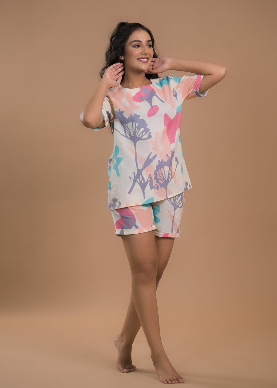 Women Abstract Printed T-Shirt & Shorts Night suit