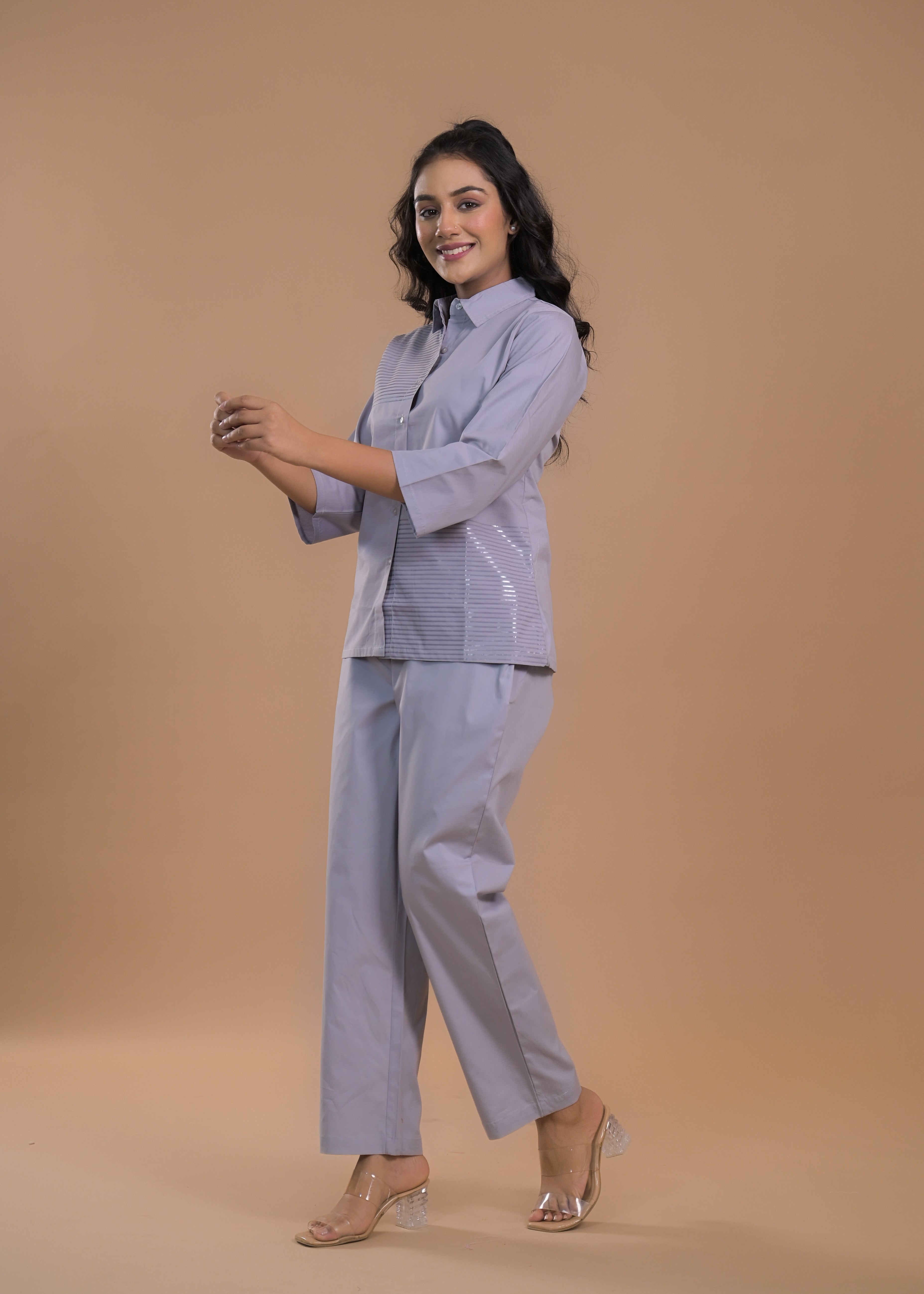 Striped Pure Cotton Shirt Collar Shirt With Trousers Co-Ords Set