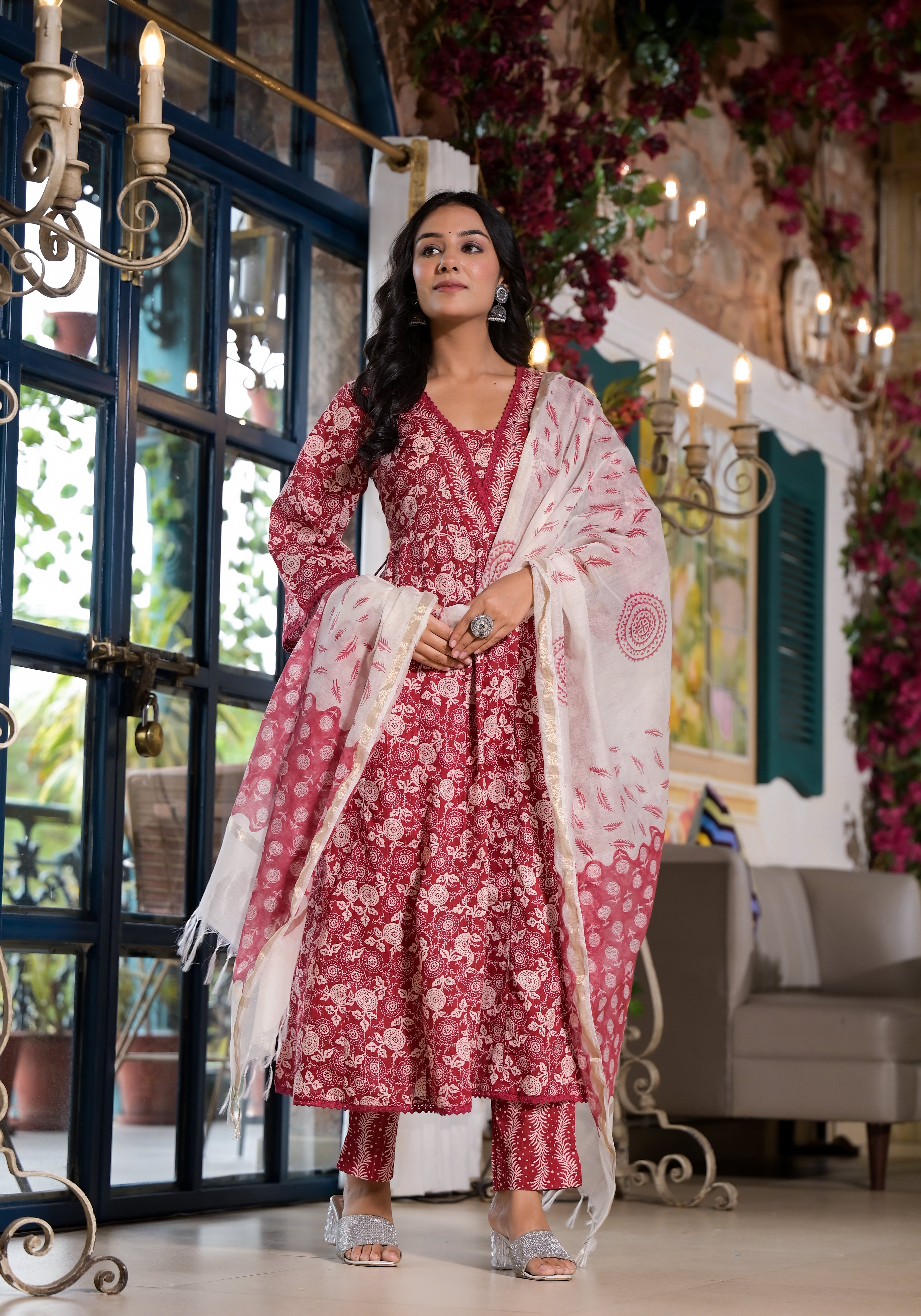 Maroon cotton hand block printed suit set