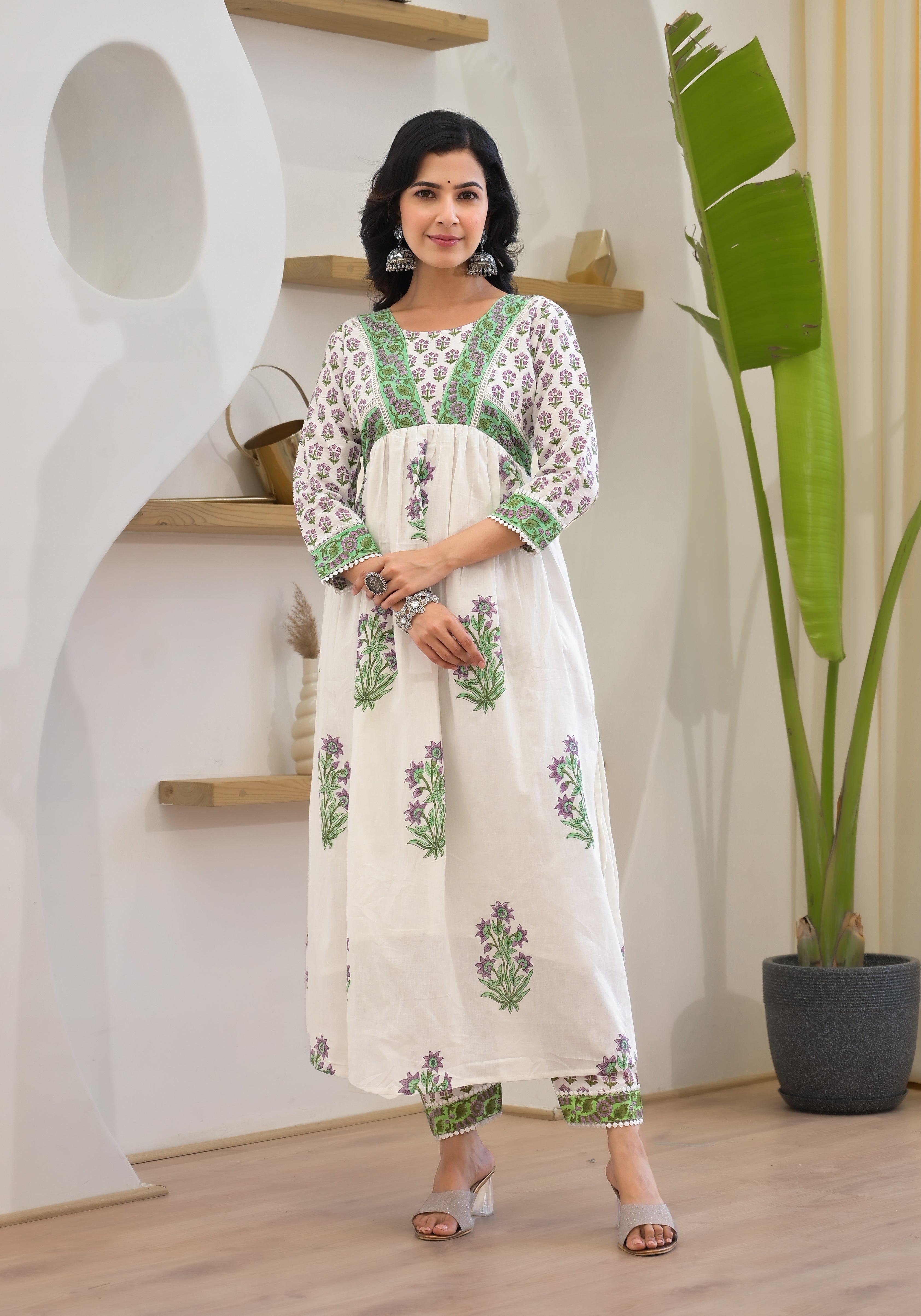 whitE hand block print suit set