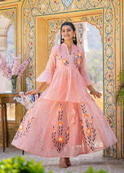 Women Floral Printed Regular Chanderi Cotton Kurti with Skirt & With Dupatta
