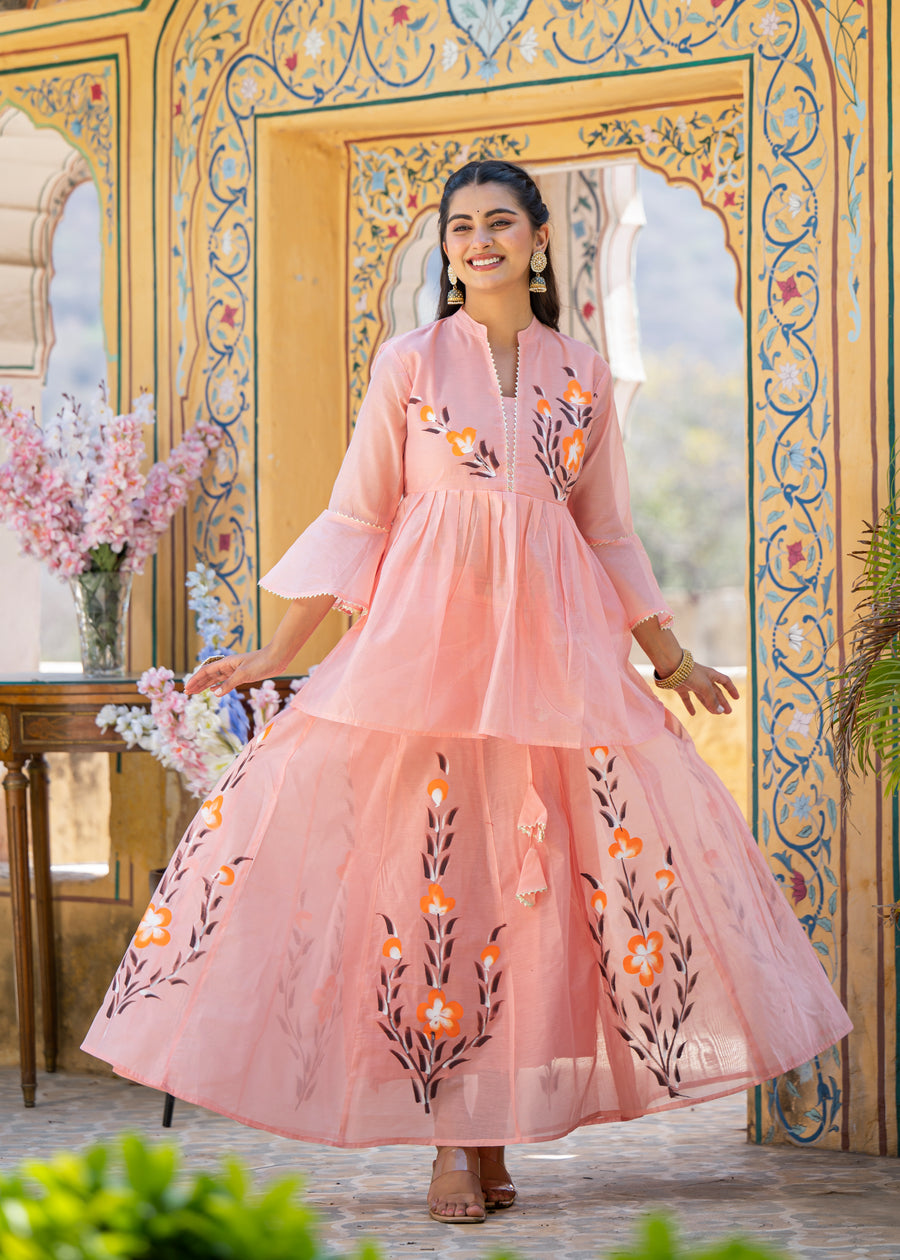 Women Floral Printed Regular Chanderi Cotton Kurti with Skirt & With Dupatta
