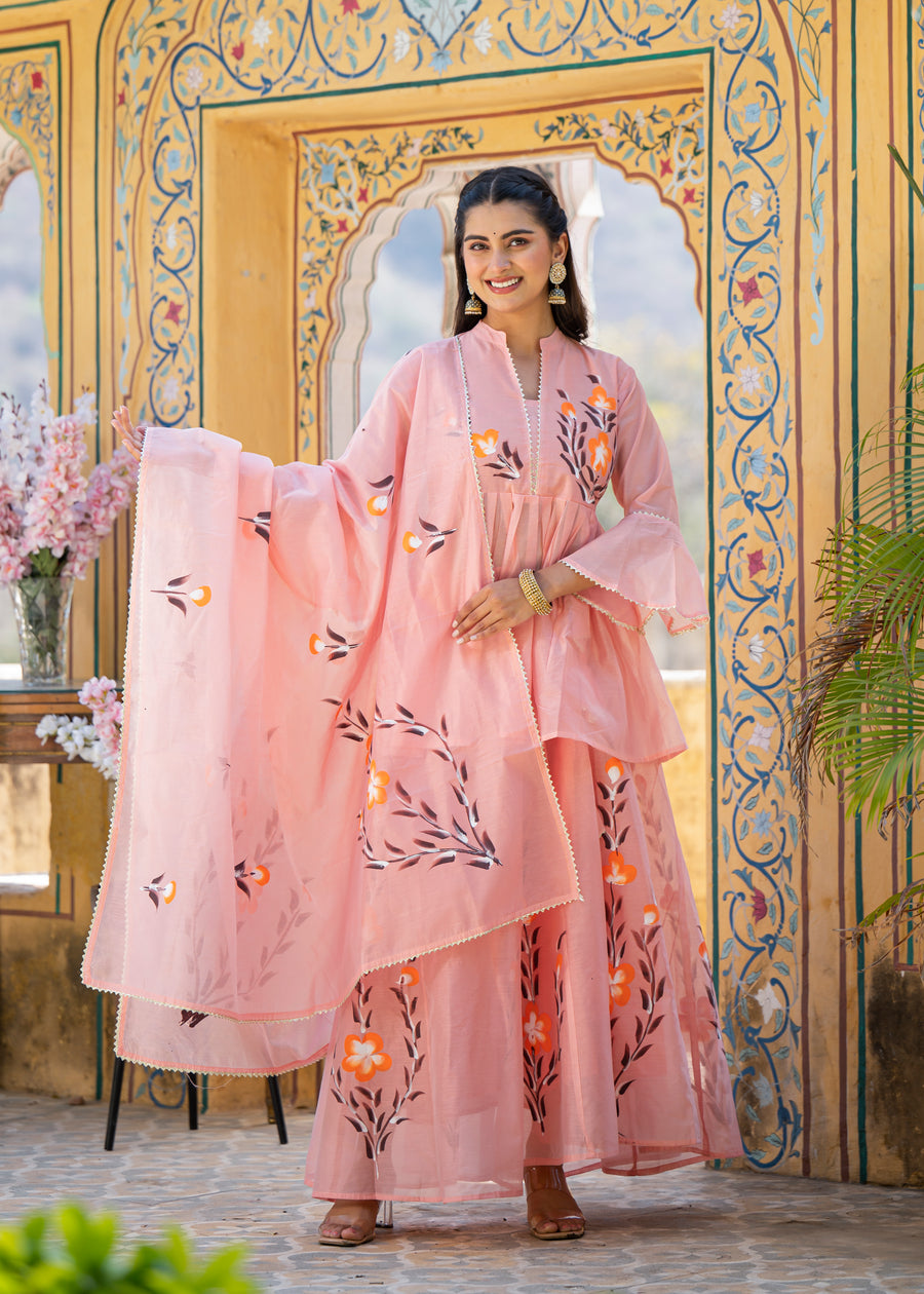 Women Floral Printed Regular Chanderi Cotton Kurti with Skirt & With Dupatta