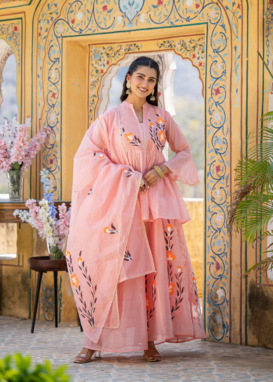 Women Floral Printed Regular Chanderi Cotton Kurti with Skirt & With Dupatta