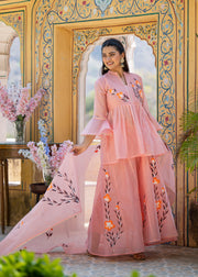 Women Floral Printed Regular Chanderi Cotton Kurti with Skirt & With Dupatta