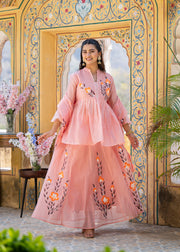 Women Floral Printed Regular Chanderi Cotton Kurti with Skirt & With Dupatta