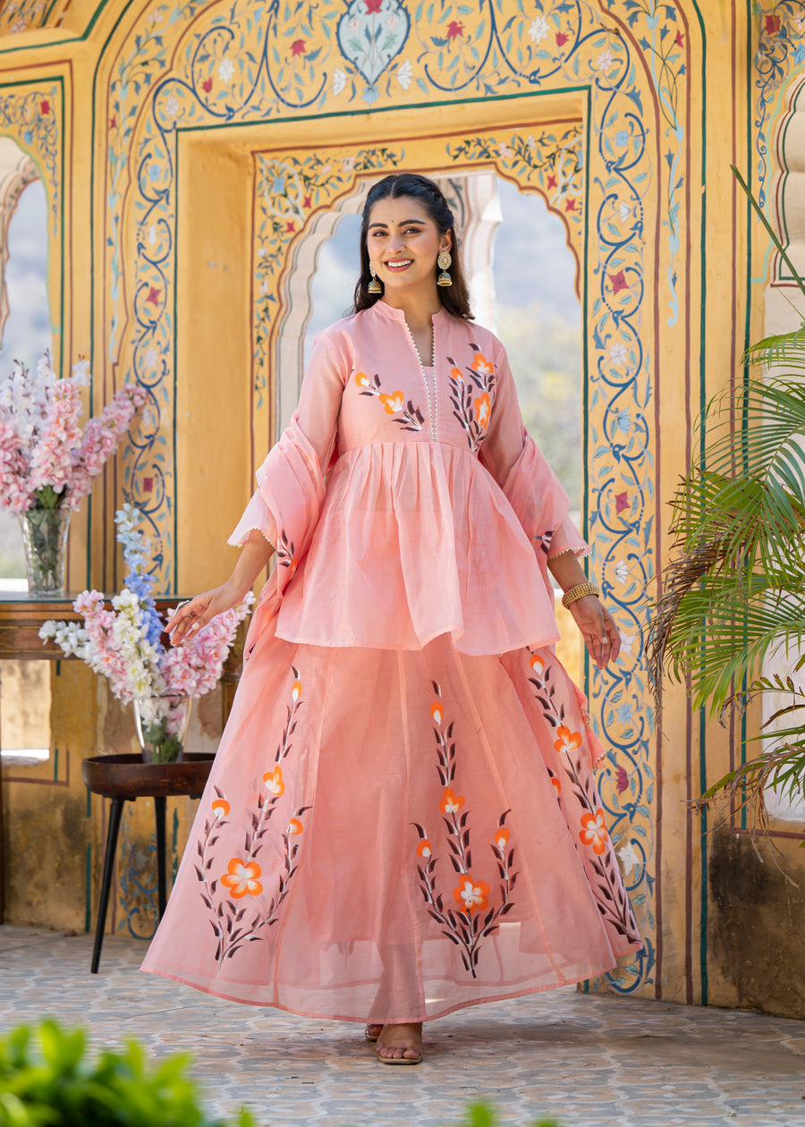 Women Floral Printed Regular Chanderi Cotton Kurti with Skirt & With Dupatta