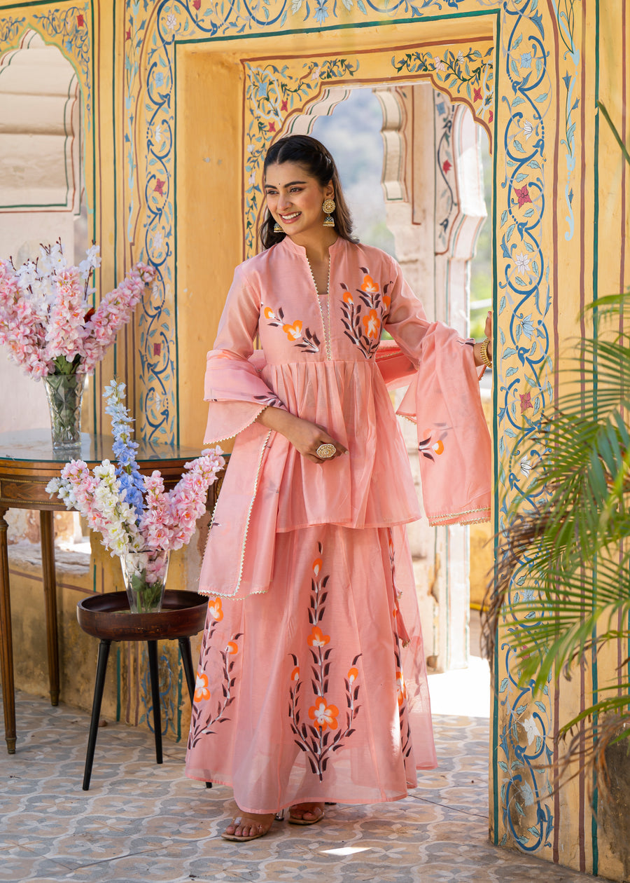 Women Floral Printed Regular Chanderi Cotton Kurti with Skirt & With Dupatta