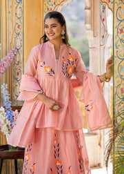 Women Floral Printed Regular Chanderi Cotton Kurti with Skirt & With Dupatta
