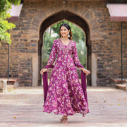 WINE PRINTED  MUSLIN SUIT SET