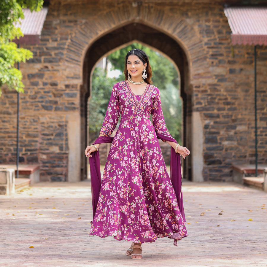WINE PRINTED  MUSLIN SUIT SET