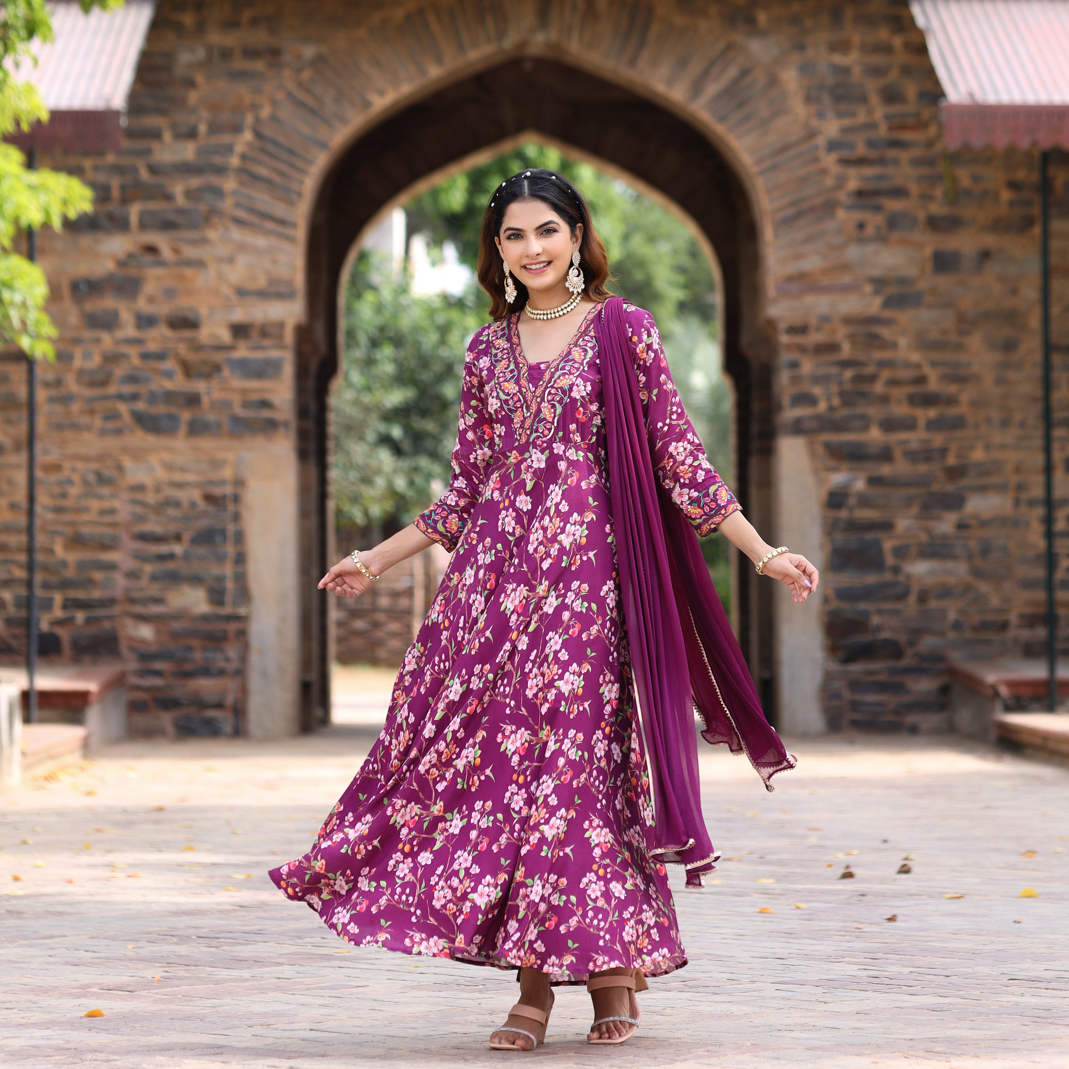 WINE PRINTED  MUSLIN SUIT SET