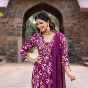 WINE PRINTED  MUSLIN SUIT SET