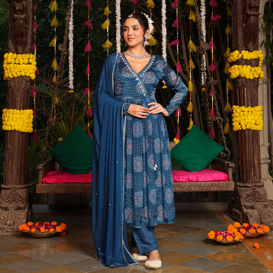 BLUE MUSLIN FESTIVE SUIT SET