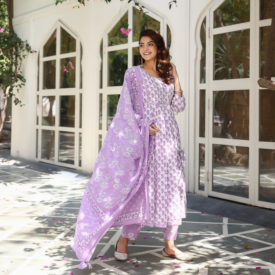 lavender hand block anarkali