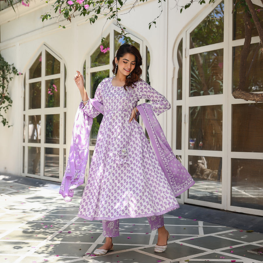 lavender hand block anarkali