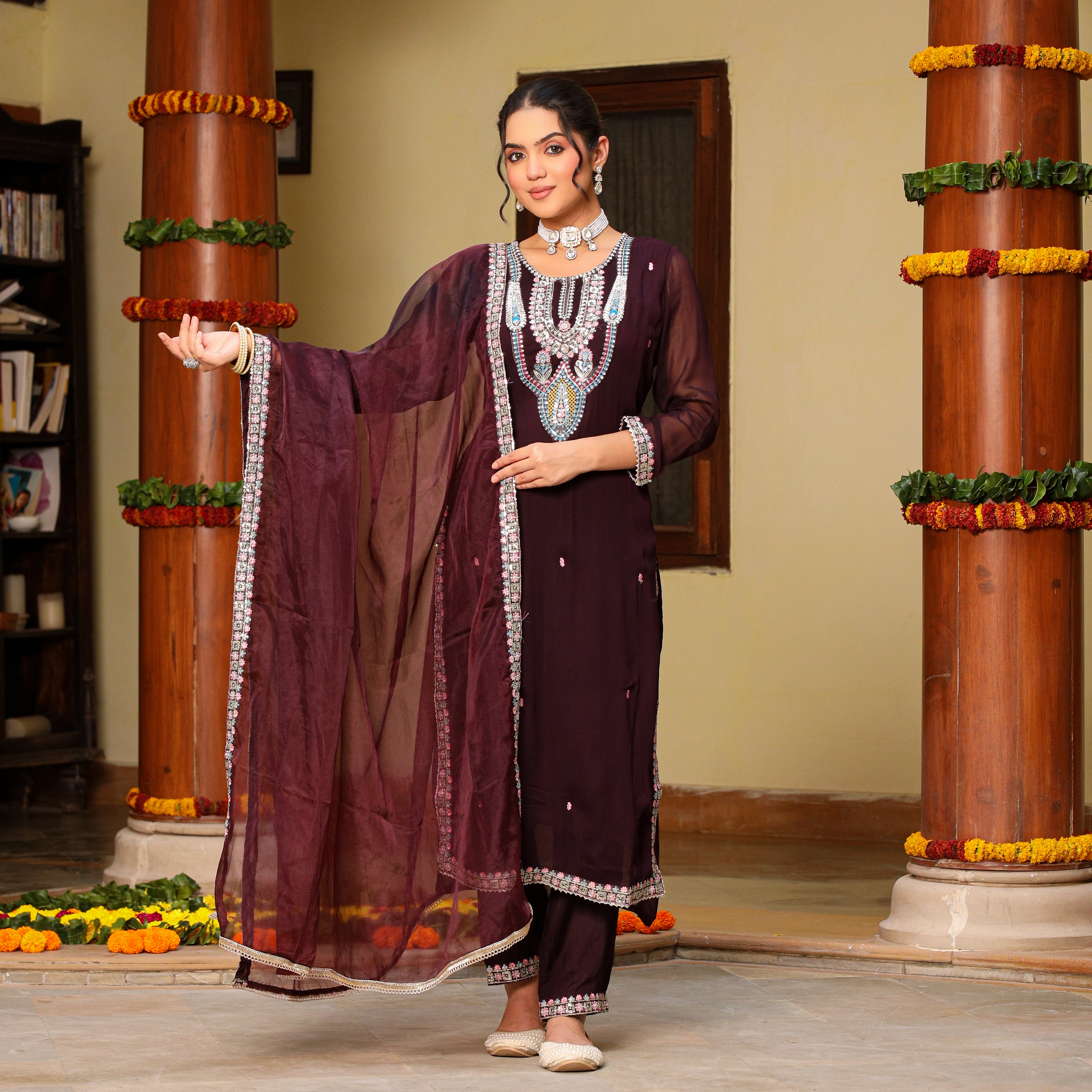 Roohaniyat elegant wine suit set