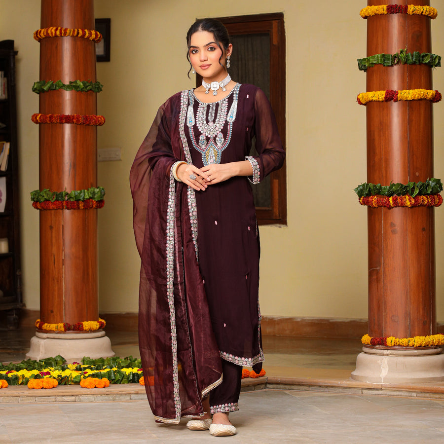 Roohaniyat elegant wine suit set