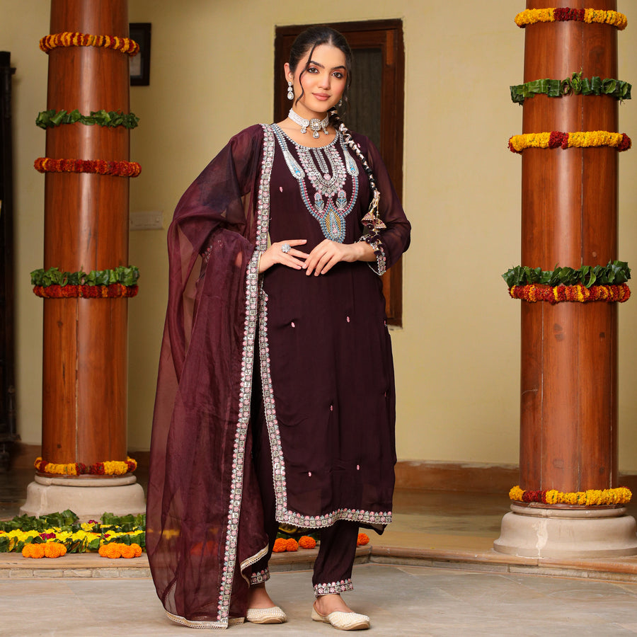 Roohaniyat elegant wine suit set