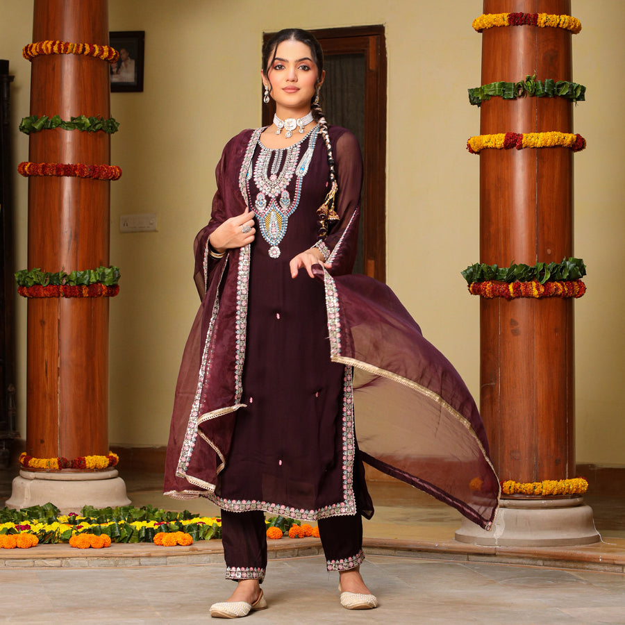 Roohaniyat elegant wine suit set