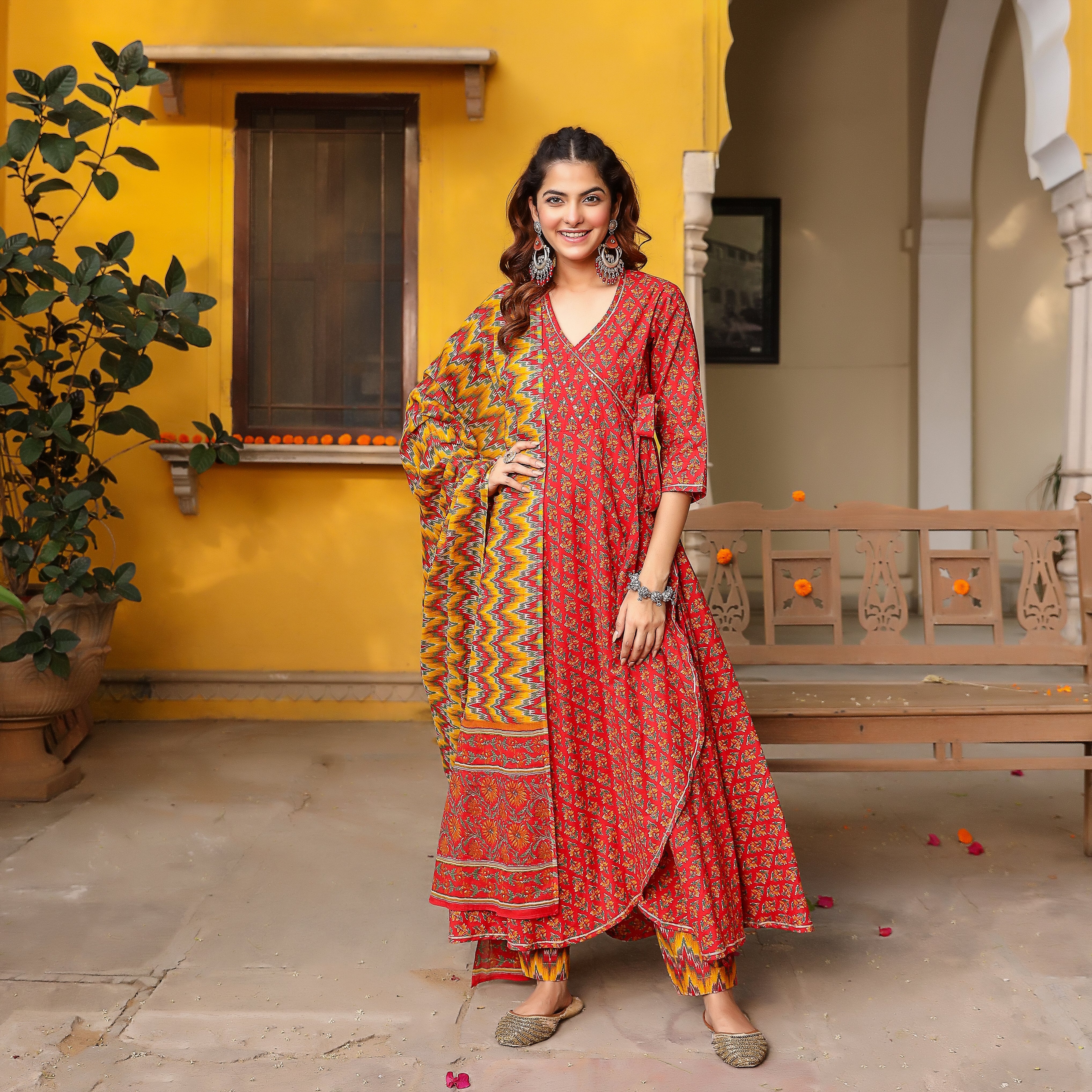 Red floral angrakha suit set