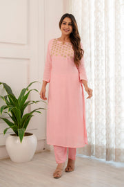 Pink hand painted straight muslin  suit set