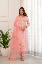 Pink hand painted straight muslin  suit set