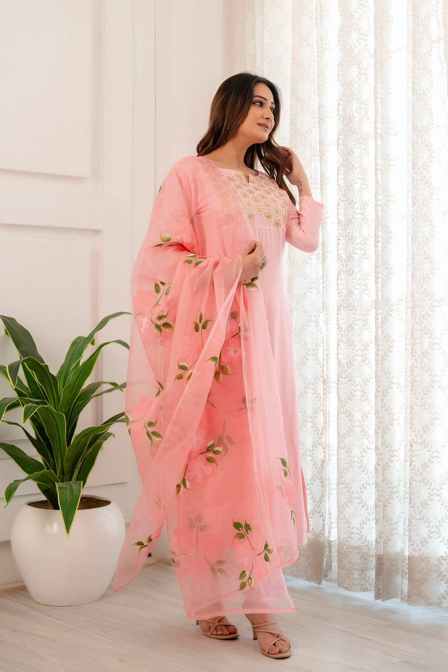 Pink hand painted straight muslin  suit set