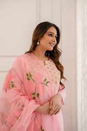 Pink hand painted straight muslin  suit set