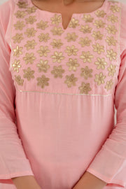 Pink hand painted straight muslin  suit set