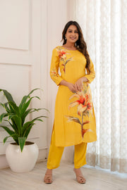 Yellow muslin embroidered suit set