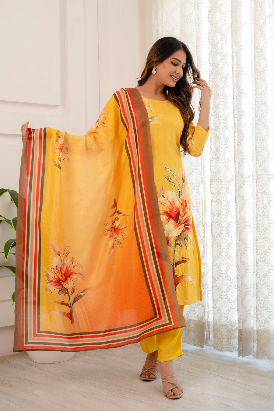 Yellow muslin embroidered suit set