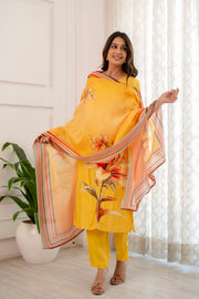 Yellow muslin embroidered suit set