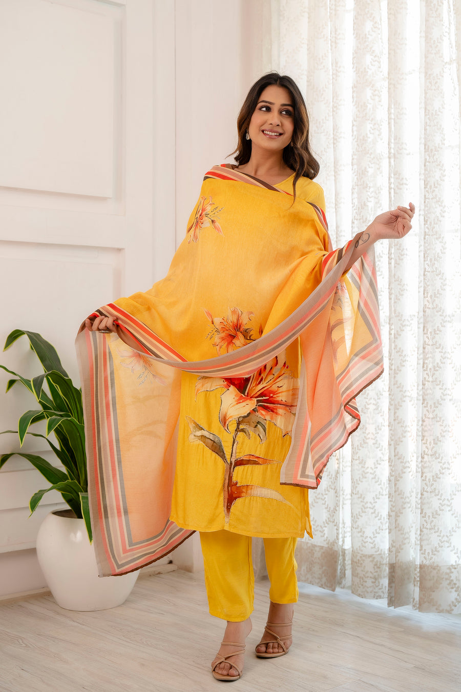 Yellow muslin embroidered suit set