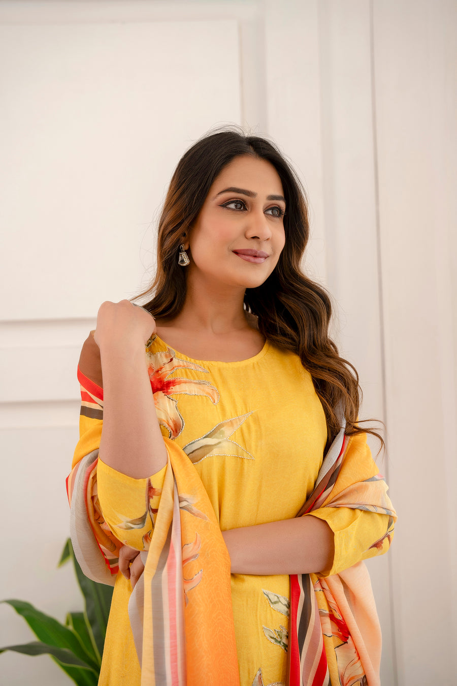 Yellow muslin embroidered suit set