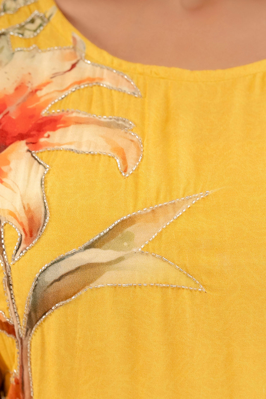 Yellow muslin embroidered suit set
