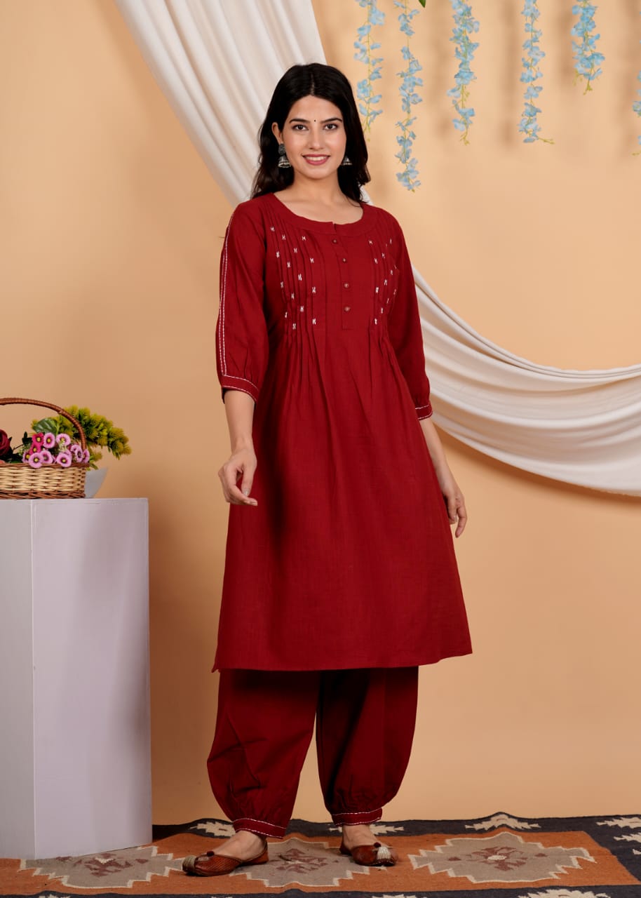 Geometric Yoke Design A-Line Thread Work Pure Cotton Kurta with Salwar