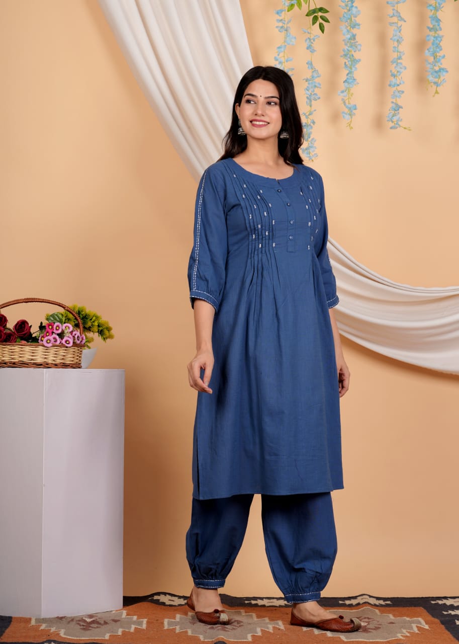 Yoke Design Thread Work A-Line Pure Cotton Kurta With Salwar