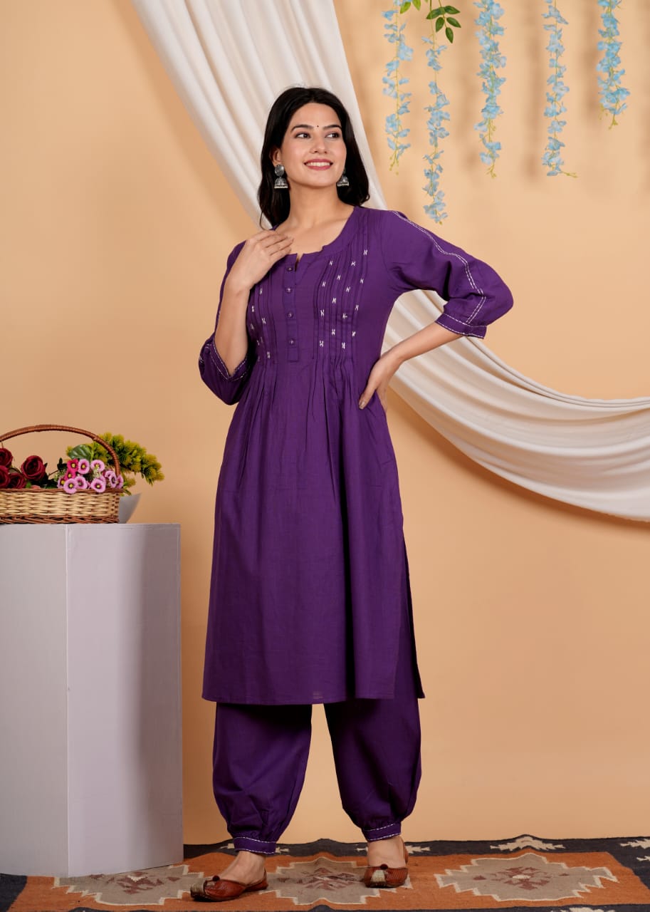 Geometric Yoke Design A-Line Thread Work Pure Cotton Kurta with Salwar