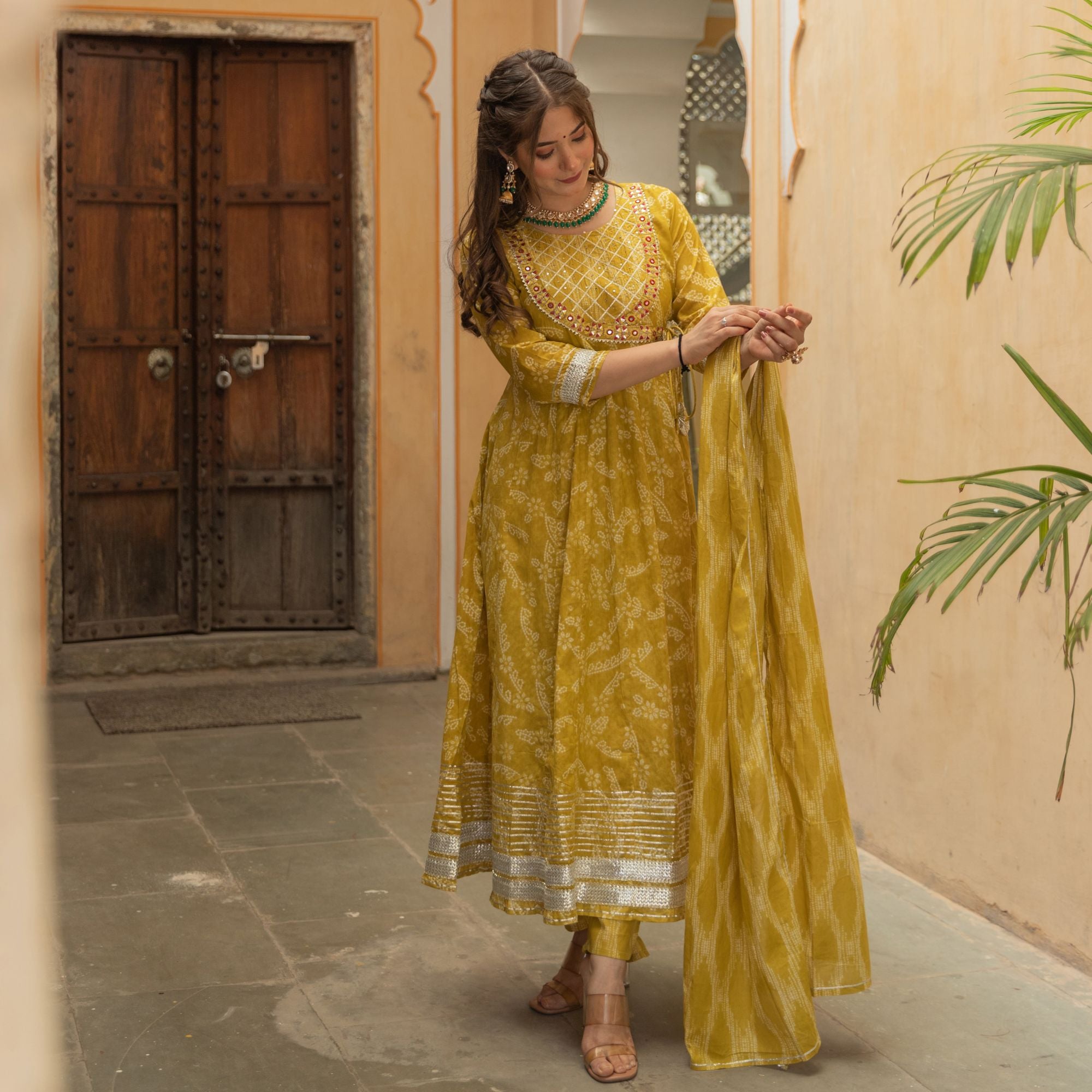 Yellow Bandhej Print Anarakali Suit Set