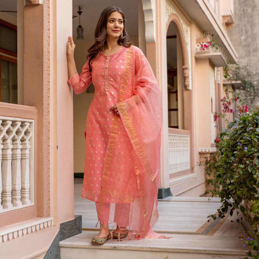 Pink Chanderi Suit Set