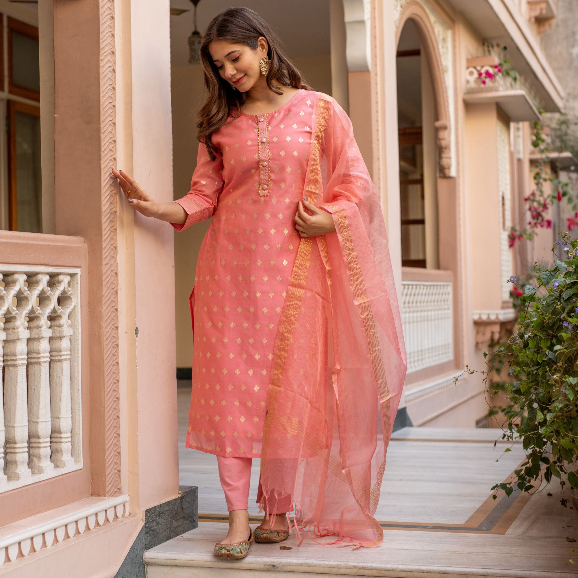 Pink Chanderi Suit Set