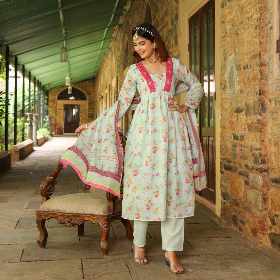 Sea Green Anarkali Muslin Suit Set