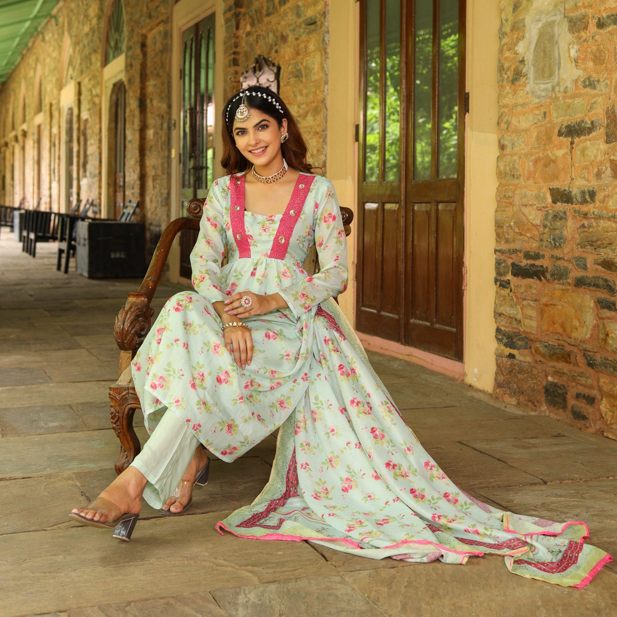 Sea Green Anarkali Muslin Suit Set