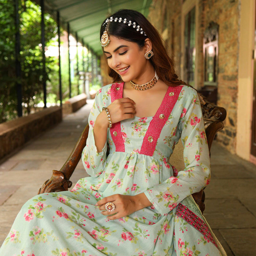 Sea Green Anarkali Muslin Suit Set
