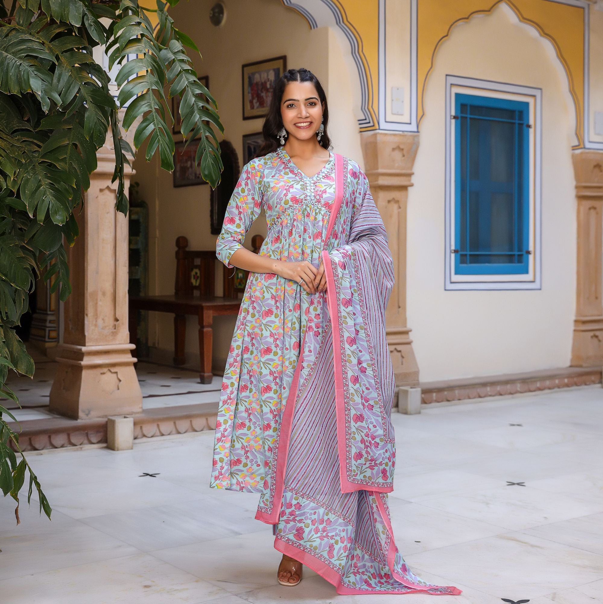 Blue Mirror Work Alia Cut Suit Set